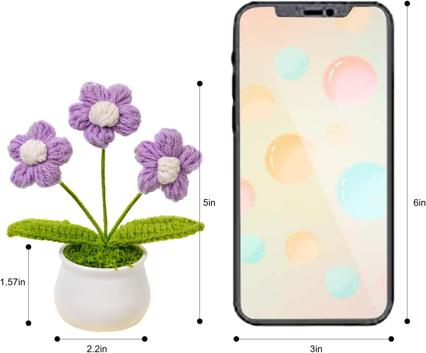 3pcs Knitted Flowers, Tulip Daisy Puff Flowers Crochet Flowers Pots for Car Dashboard Office Home Decoration, Cute Desk Décor, Gifts for Friends, Family and Lover - Image 2