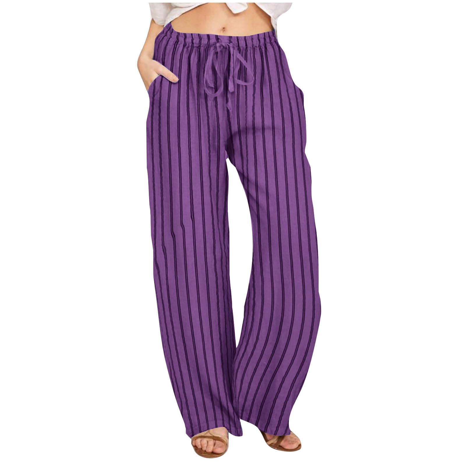 Summer Pants for Women 2024 Striped Wide Leg Loose Drawstring High Waist Palazzo Trousers Pants with Pockets