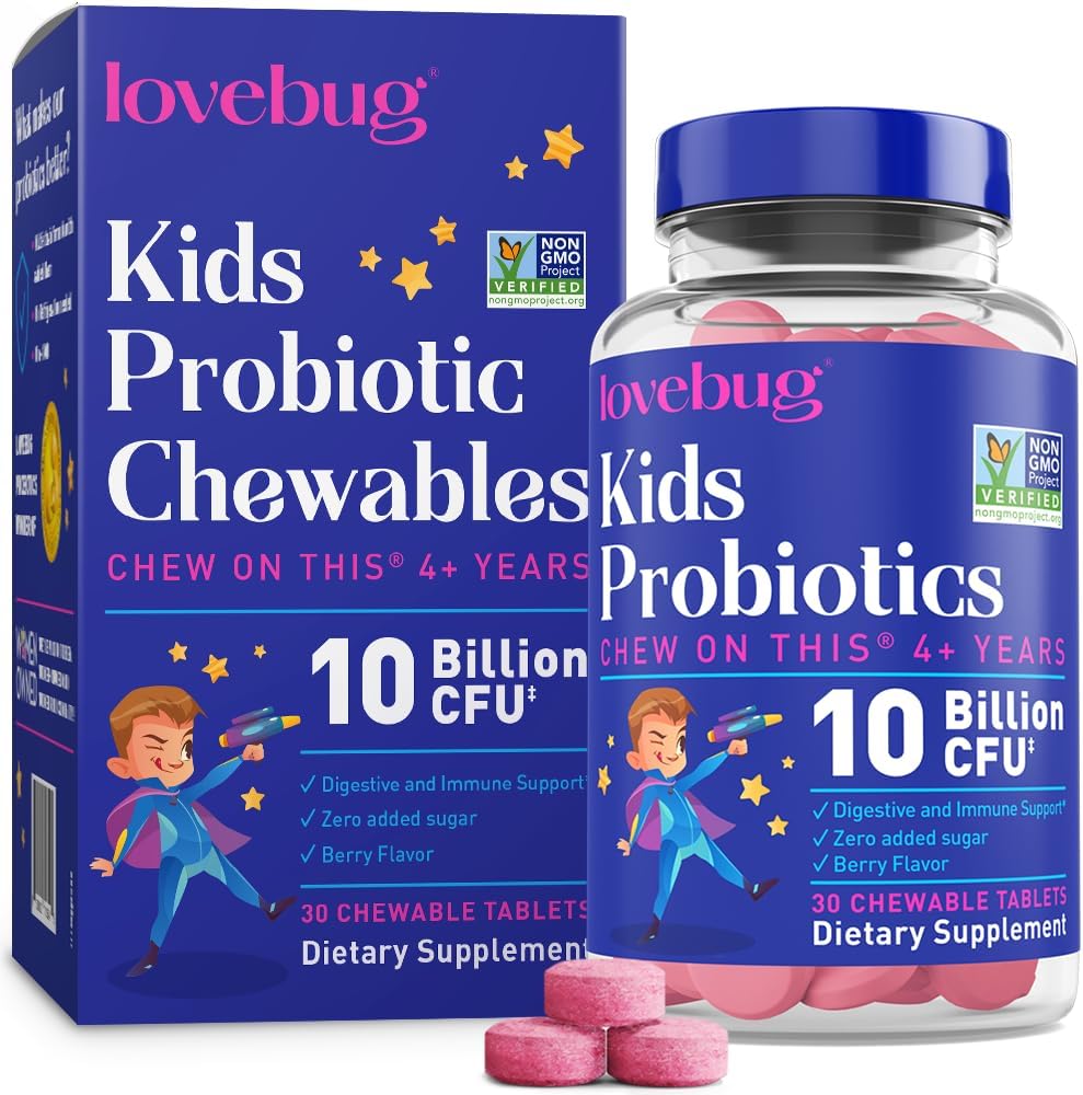 LOVEBUG Probiotics for Kids โ Probiotic Chewables with Prebiotic Fiber for Age 4+,Daily Children's Gut Health & Digestive Support Supplement, Sugar-Free Berry Flavor, 30 Count