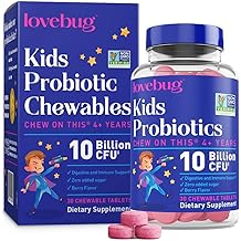 LOVEBUG Probiotics for Kids &ndash; Probiotic Chewables with Prebiotic Fiber for Age 4+,Daily Children's Gut Health &amp; Digestive Support Supplement, Sugar-Free Berry Flavor, 30 Count