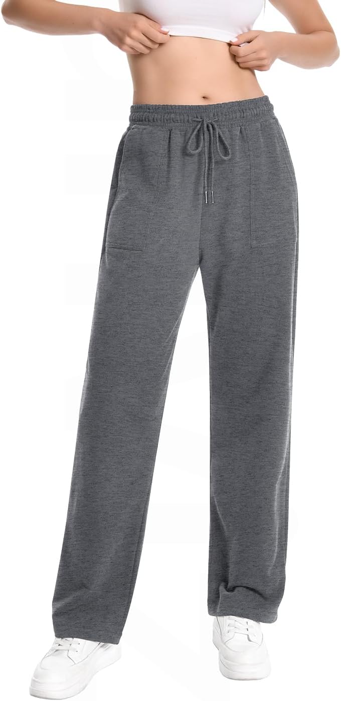 Auriviz Widen Waistband Sweat Pants for Women Exposed Pockets Lounge Sweatpants Straight Leg Pants 29’’ Inseam