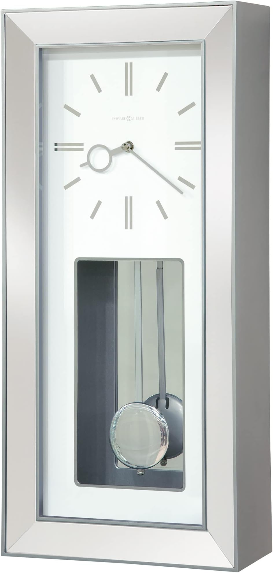 Howard Miller Chaz Wall Clock - Modern Analog Wall Clock with Pendulum, Battery Operated and Quartz Movement, Silver Finished, Decorative Timepiece for Living Room, Kitchen, Bedroom, and Office Decor