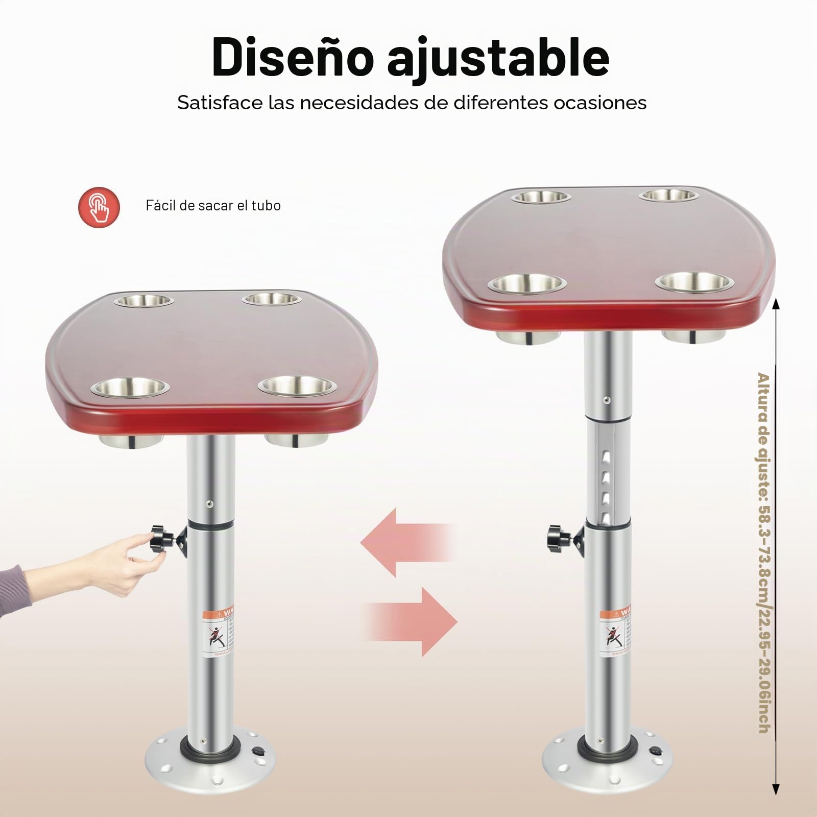 MccoMMon Mesa plegable de roble de 22 a 28 pulgadas, mesa telescópica para barco, con 4 soportes para bebidas y pedestal, para caravanas