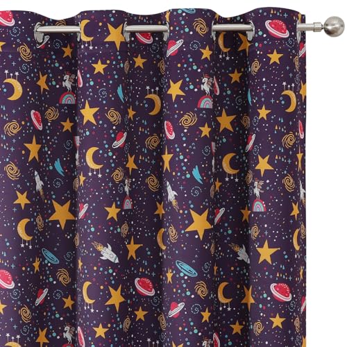 Image of Purple Unicorn Blackout Curtains 63 Inch Length for Princess Girls Bedroom | Estelar Textiler Star & Moon Printed Thermal Insulated Room Darkening Grommet Window Drapes for Kids Room,38Wx63L,2 Panels