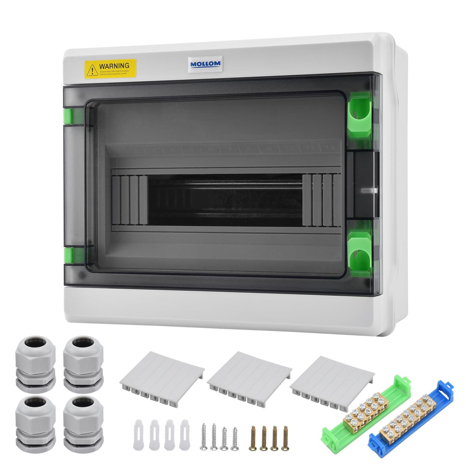 Mollom 12 Way HA Series Power Distribution Box with Bus Bars and Din Rail for Miniature Circuit Breaker MCB,Waterproof IP66,Solar Power Distribution Panel for Indoor and Outdoor Use