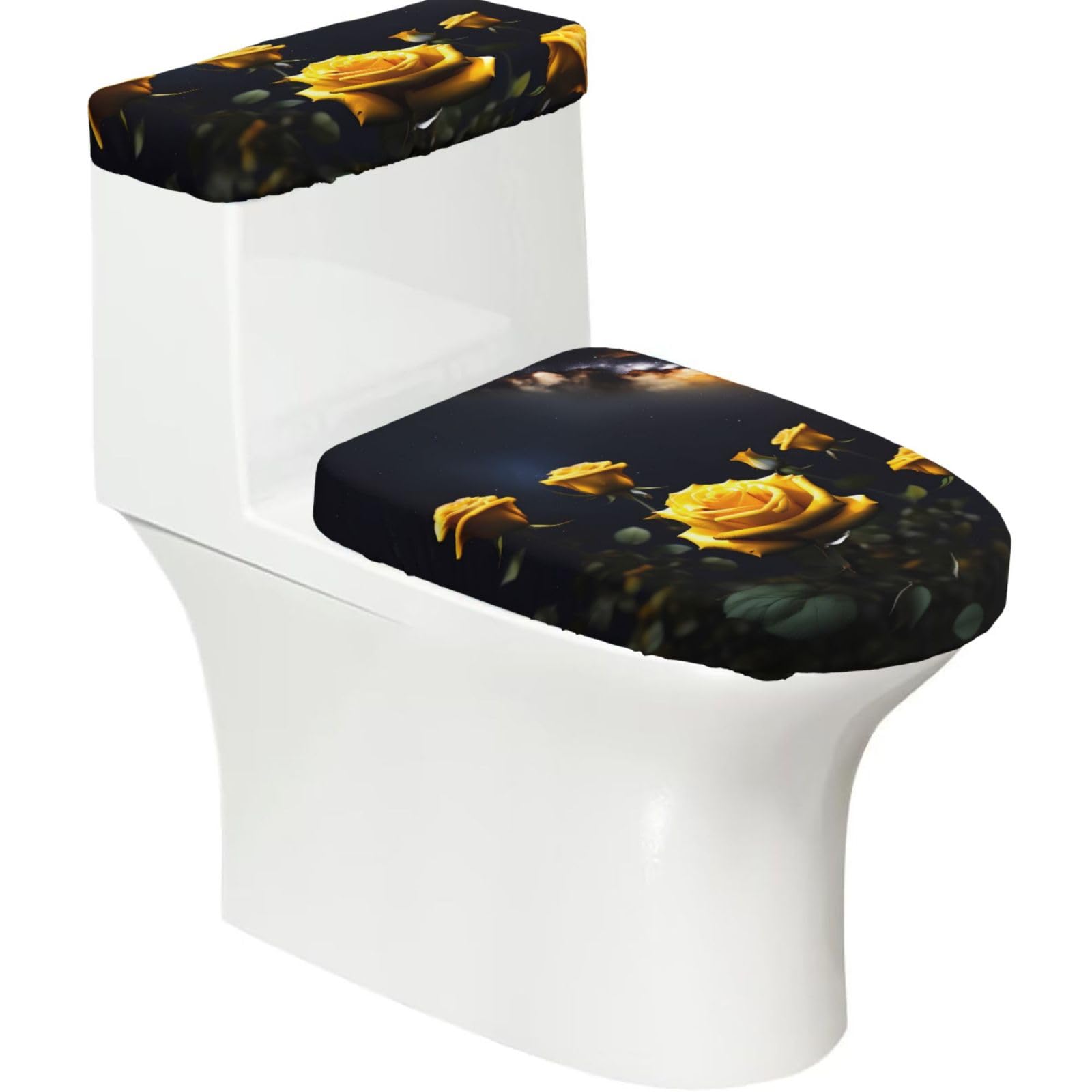 Beautiful Yellow Roses 2-Piece Toilet Seat Cover Set with Tank Lid - Elastic for U-Shape & Elongated - Bathroom Decor
