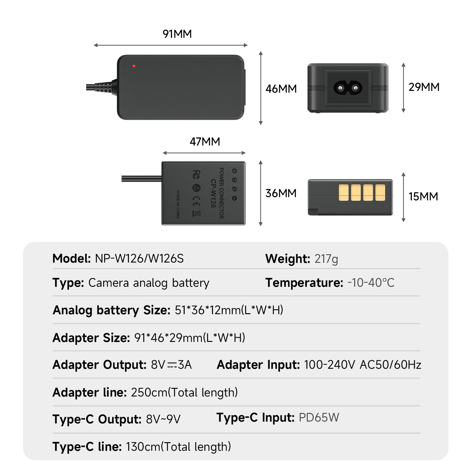 W126S Kit batteria fittizia, adattatore di alimentazione CA con connettore per batteria per fotocamere Fujifilm X100F X100V X-S10 XT-2 X-T3 X-T20 X-T30 X-T100 X-A X-E X-Pro FinePix