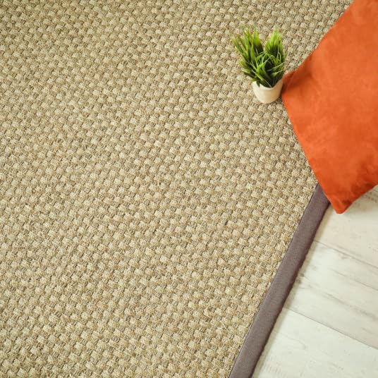 Decoweb Tapis Jonc de mer Chennai - Natté 4x4 - Ganse Lin Marron Taupe - 140 x 200 cm