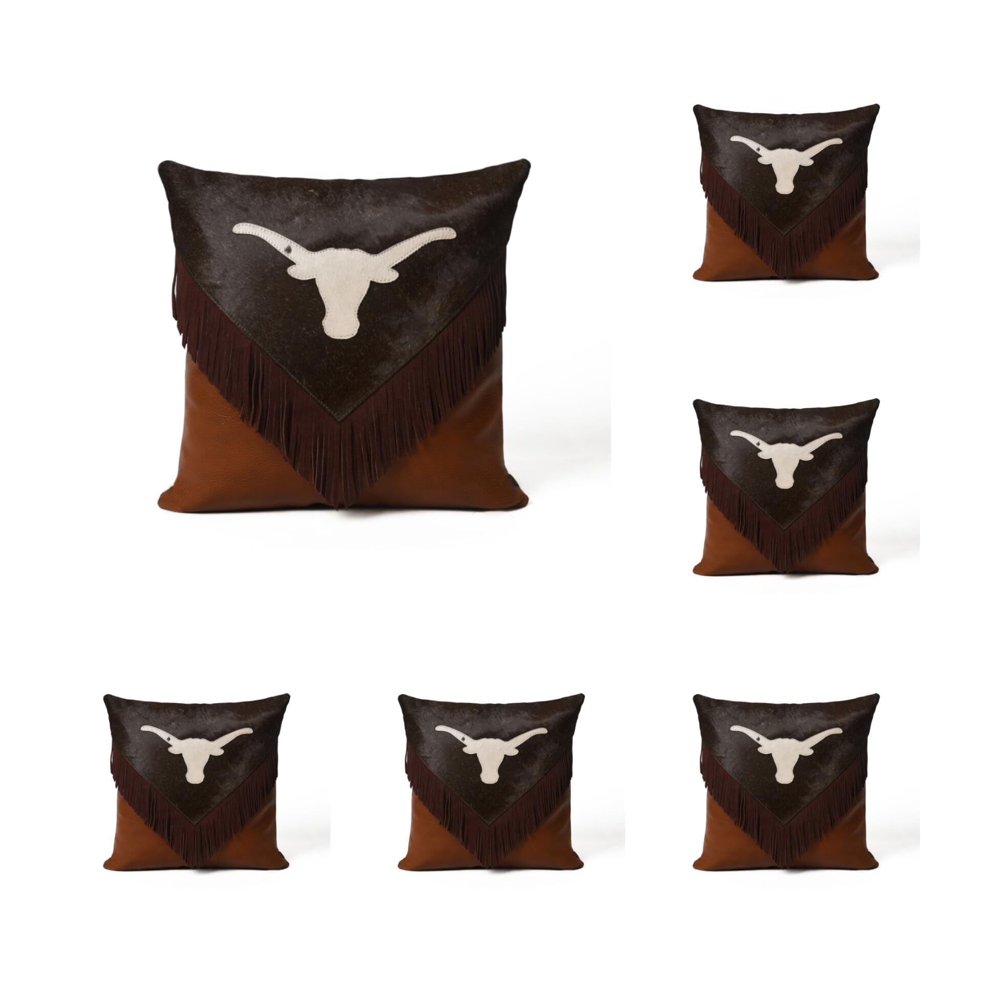 MOUSM Cowhide Leather Cushion Cover with White Cow Hide Bull Head and Sweat frienge in Center., Brown Tan Top Grain Finish Set of (6)