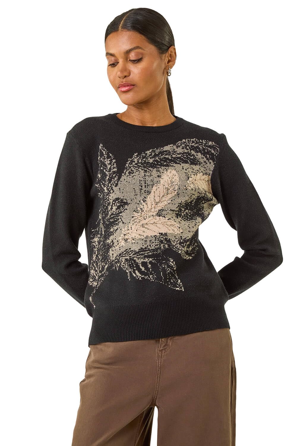 Roman Originals Women's Black Jacquard Sparkly Knit Jumper For Uk - Everyday Autumn Winter Crew Neckline Comfy Soft Evening Vacation Work Party Night Out - Size 12