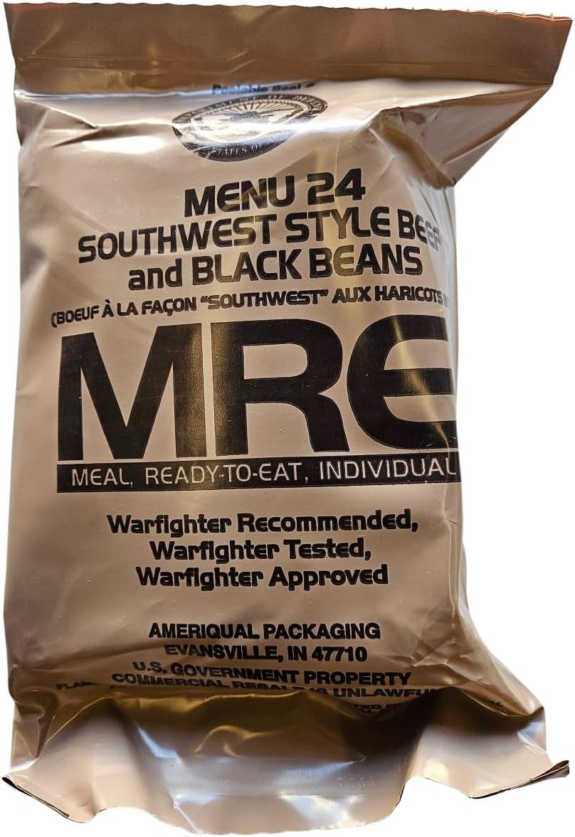 Genuine USGI Individual MRE [Meal, Ready to Eat] Inspection Date 01/2024 or Newer - You Choose Menu - Complete Ration with Entree, Snacks, Dessert, Drink Mix, Utensils, Condiments and FRH. (#24 Southwest Beef and Beans)