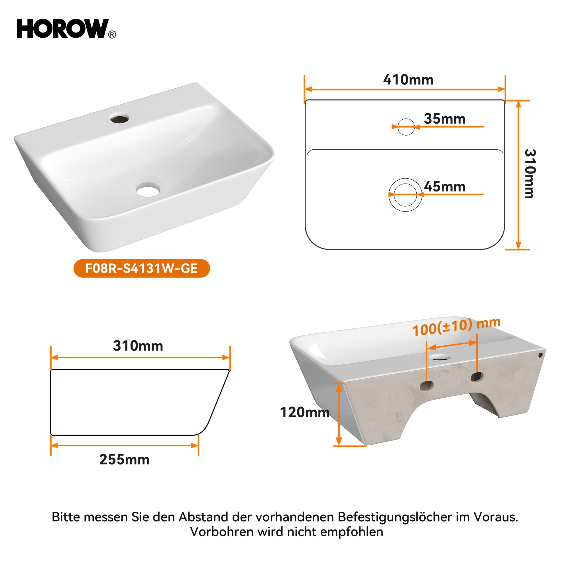 HOROW Lavabo de baño rectangular de 40 cm, moderno color blanco, sin rebosadero, con orificio para grifo, lavabo pequeño, lavabo colgante para invitados, inodoro