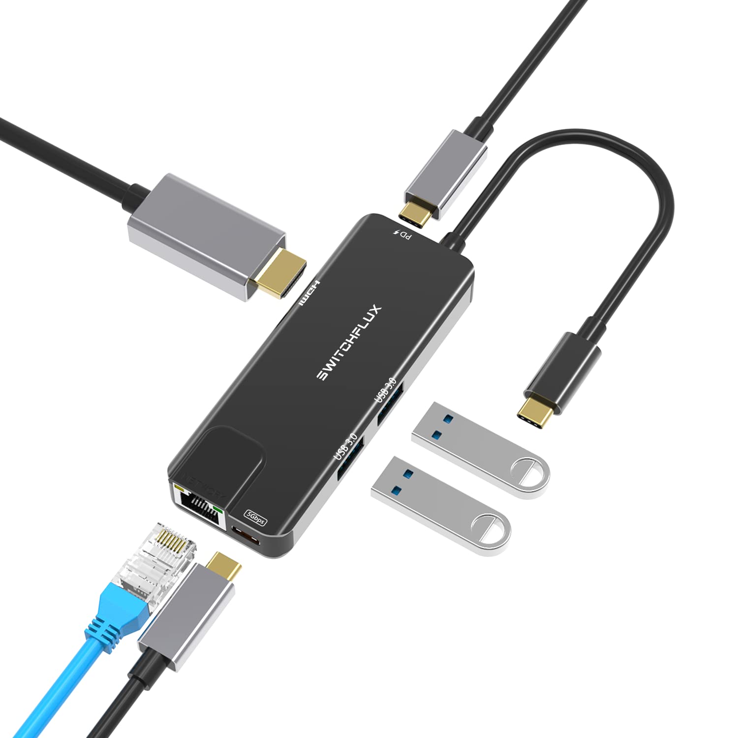 Buy USB C Hub Multiport Adapter, SWITCHFLUX 6in1 Type C to 4K HDMI