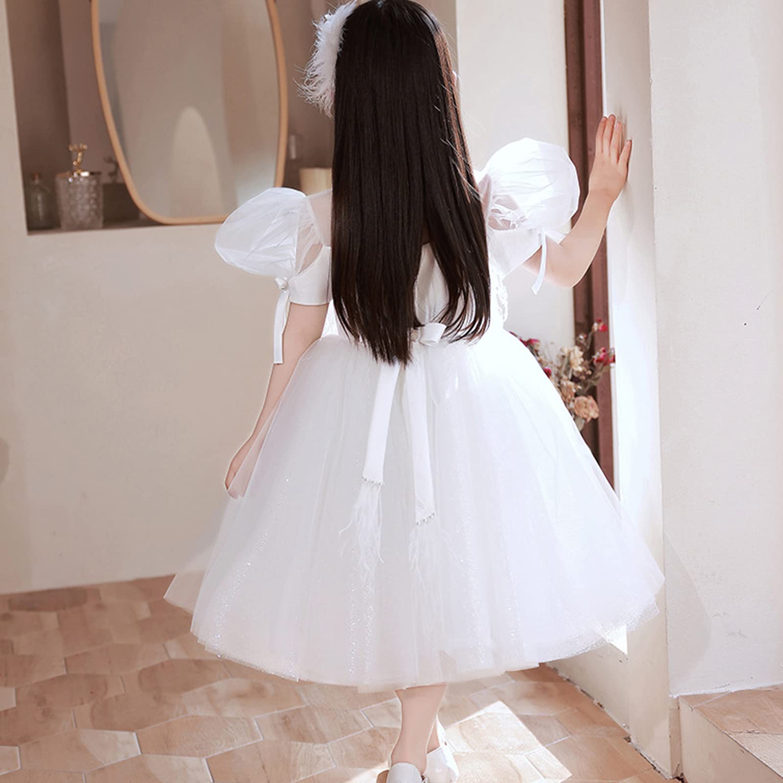 Mädchenkleider Hochzeitsfest -Spitzen -Pailletten Tüll -Promkleid Elegante Puffärmel -Kleid Für Hochzeit Geburtstag Brautjungfer Festzug Prom Fotografie Besondere Anlass,Weiß,120cm