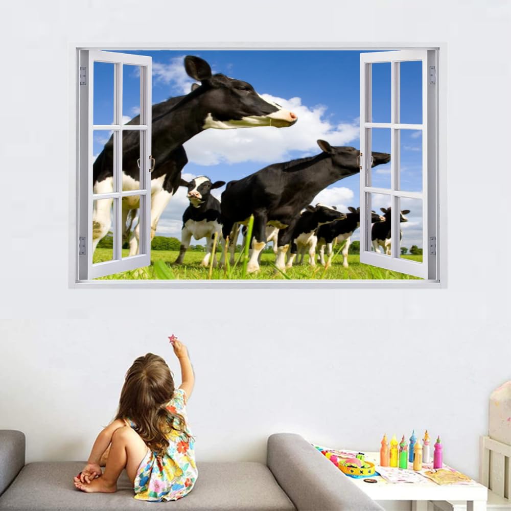 Pegatinas De Pared Murales Calcomanías, Vaca Lechera Tatuaje De Pared 3D Roto, Cielo Azul Y Nubes Blancas. Vinilo De Pared Para Decoración De Arte Del Hogar, Decoración De Habitación De Niños 120x80cm