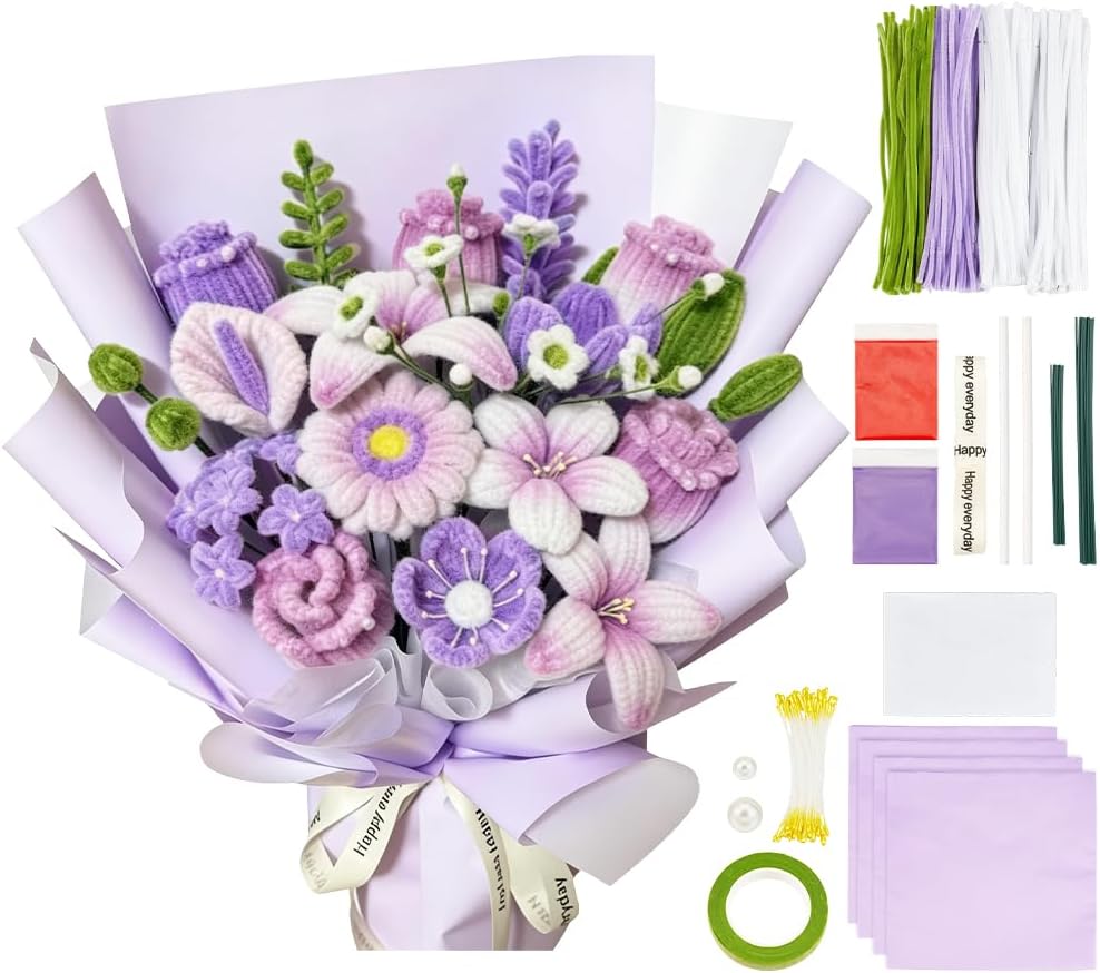 PH PandaHall 190pcs Pipe Cleaner Flower Kit Chenille Stems Crafts, Downy Pink Pipe Cleaners for DIY Flower Making Kit with Floral Wires Paper Ribbon Specification for DIY Art Projects Gift Decor