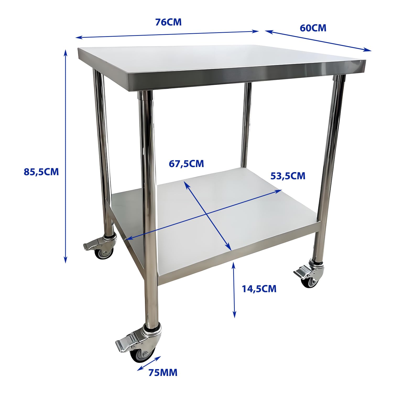 Mesa de trabajo de cocina de acero inoxidable, 76 x 60 cm, 4 ruedas giratorias con frenos, hasta 300 kg, mesa de cocina profesional de acero inoxidable, para restaurante, cocina, bar, hotel