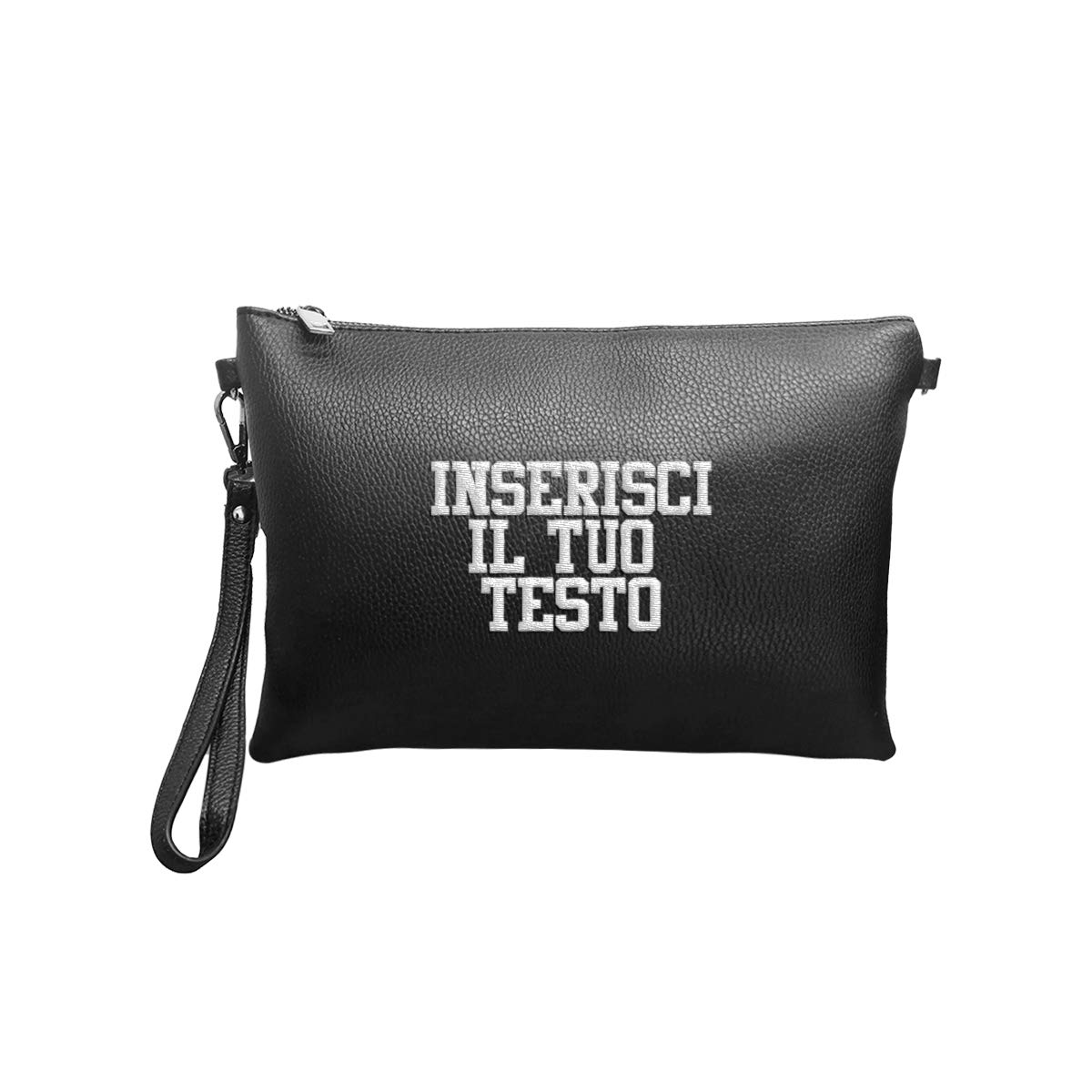 Pochette piatta per donna e da uomo in eco pelle sintetica con polsino e personalizzabile con nome o iniziali ricamate 30x20x2 cm