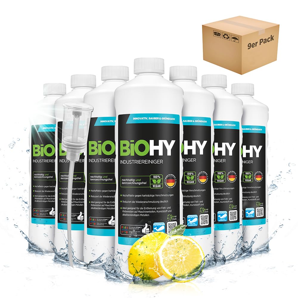 BiOHY Limpiador industrial (9 botellas de 1 litro) + Dosificador | limpiador de talleres | contra grasas y aceites | ideal para metal, plástico, vidrio, herramientas (Industriereiniger)