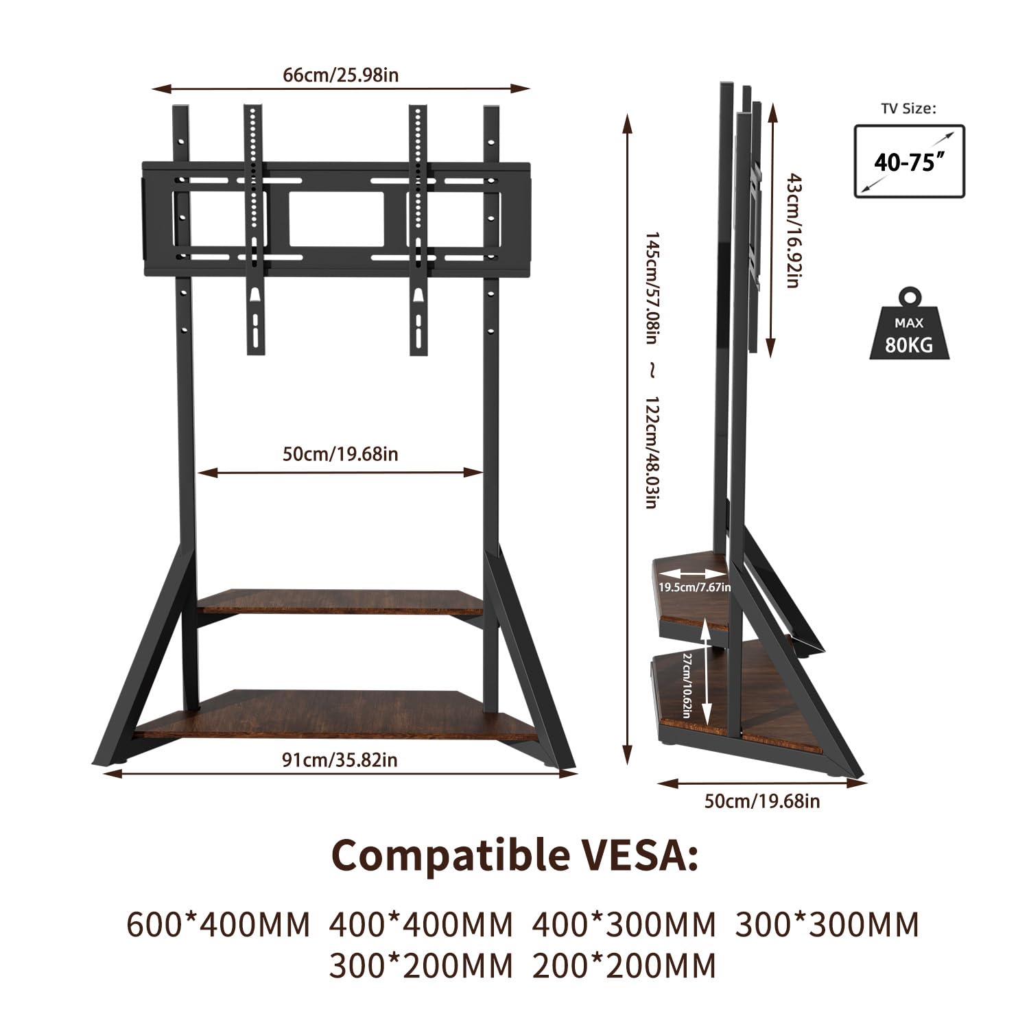 UNHO Supporto TV da Terra: Mobile Supporto TV da Pavimento Ripiani Legno Bello Design Porta TV da Terra per 40-75 Pollici Regolabile in Altezza Max VESA 600x400mm Portata 80kg