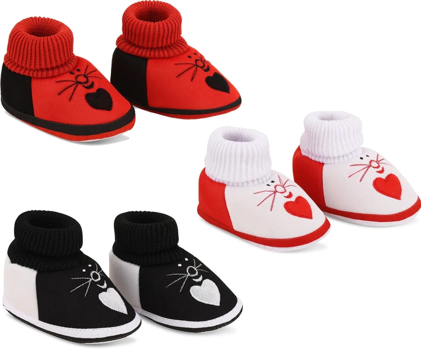 bjird Baby Booties with Knit Cuff, Cat Face Embroidery, Heart Design, Pack of 3, Red, Black & White-picture-11