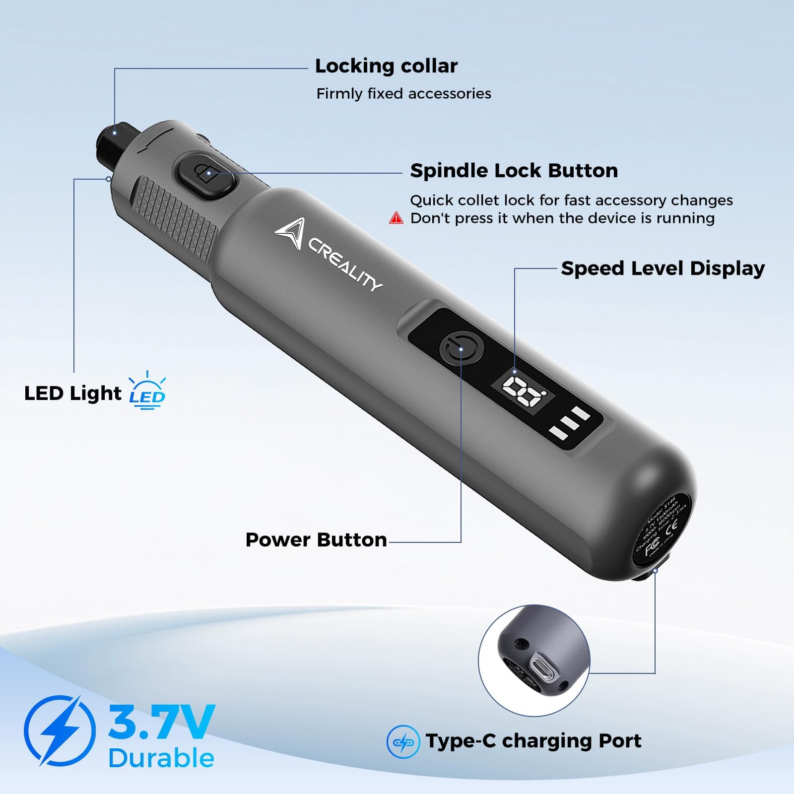 Creality Utensile Rotante Senza Fili, Mini Smerigliatrice Cordless a 6 Velocità (10000-18000 RPM) con 24 Accessori e Luce LED, Kit 3.7V per Finitura Stampe 3D, Modellismo, Incisione e Fai da Te