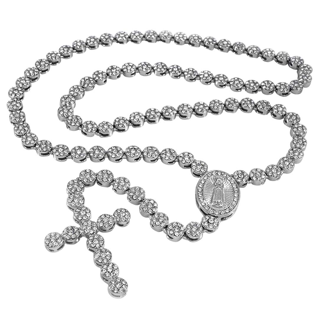 NIV'S BLING 14K Gold/White Gold/Black Gold Plated Jesus Cross Rosary | Iced Lab Diamond Chain Flower Style CZ Pendant - 30 Inch Necklace