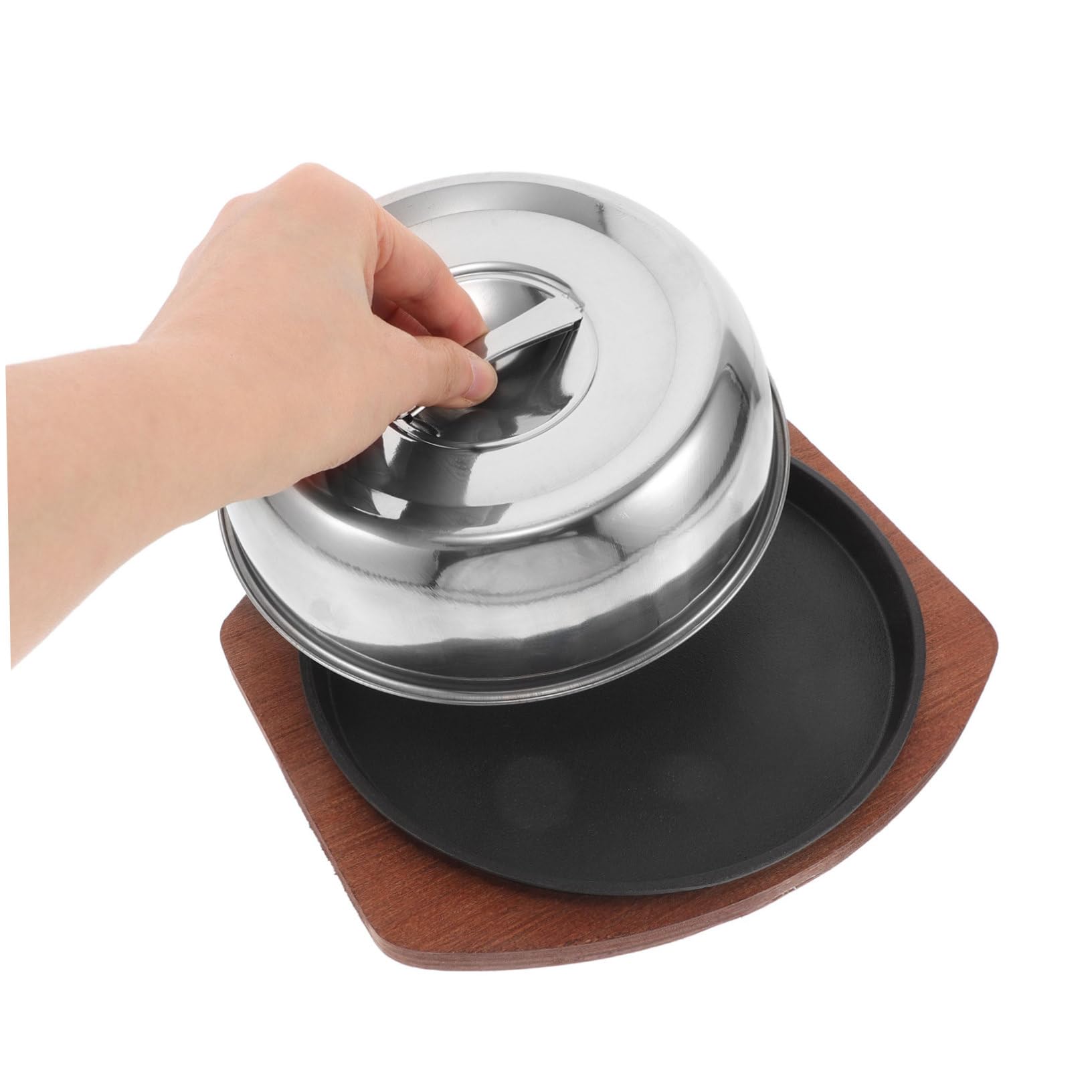 Sartén para Parrilla Redonda 1 Juego de Hierro Fundido con Tapa | Acero Inoxidable y Madera, Acabado Negro, para Pescado y Bistec, Uso Doméstico y Cocina