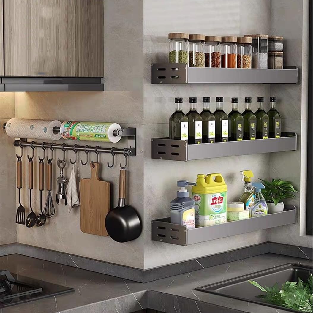 Barra Portautensili Cucina, Porta Utensili da Cucina Parete con 10 Gancio, 60CM Appendi Mestoli da Cucina Adesivo con Portarotolo, senza Foratura, Grigio