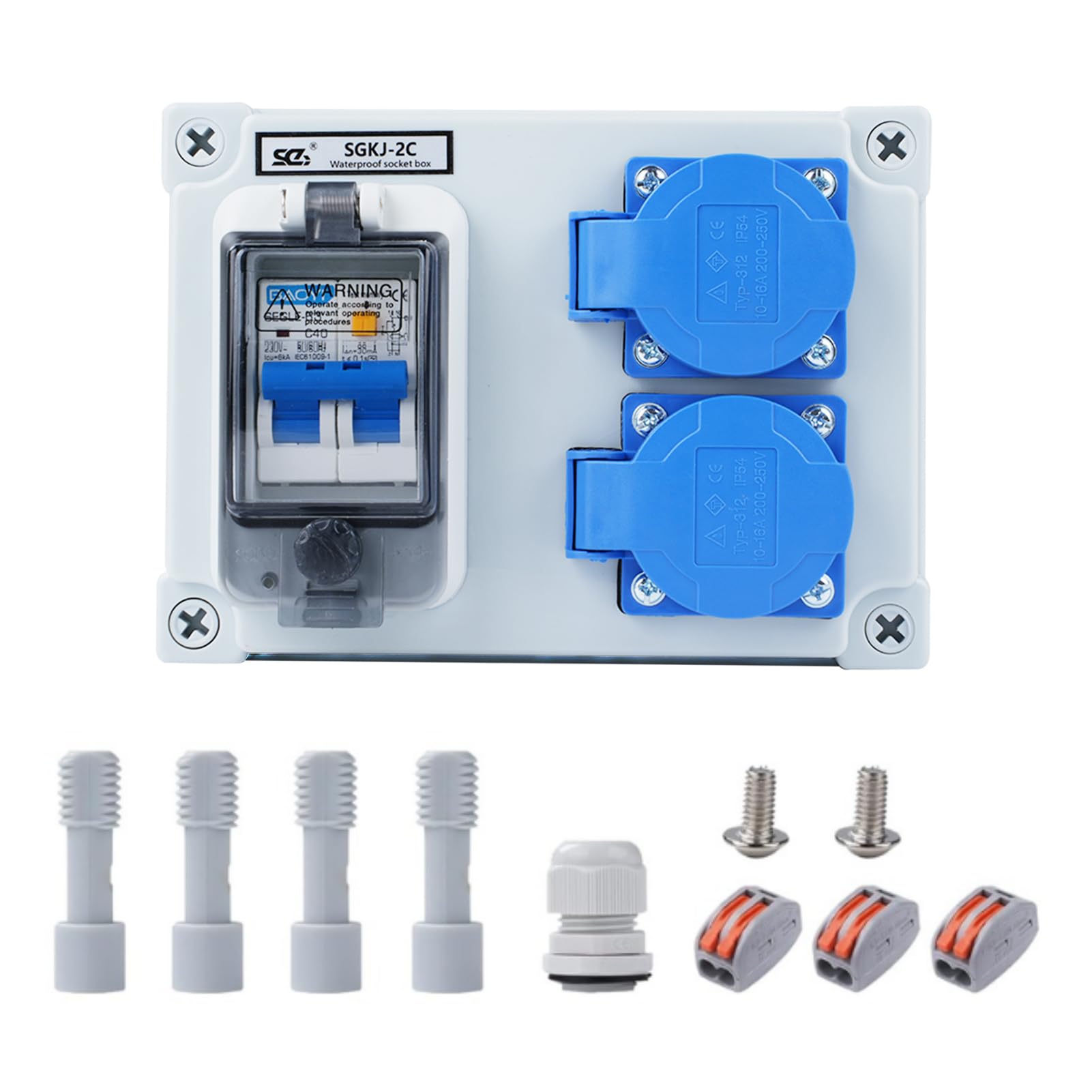 Wandverteiler 16A 250V Baustromverteiler 2-Polig Stromverteiler IP54 Wasserdicht Baustromverteiler mit 32A 1P+N FI Schalter Starkstrom Verteiler mit 2 Schuko-Steckdosen