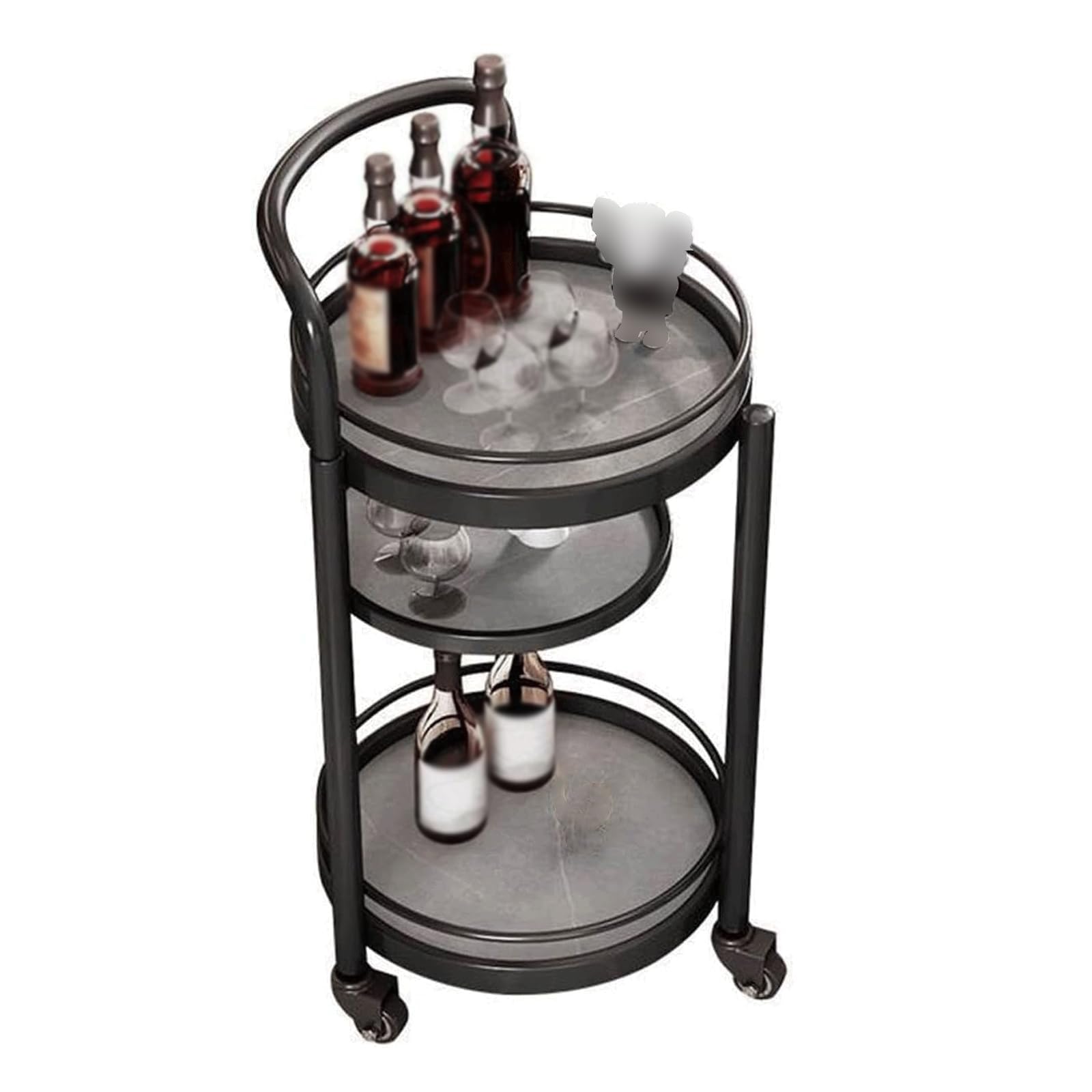 Générique Chariot de Service 3 Niveaux Rond Cadre métal Ardoise | Chariot bar avec roulettes, rangement mobile, for boissons, cuisine, salon(D)