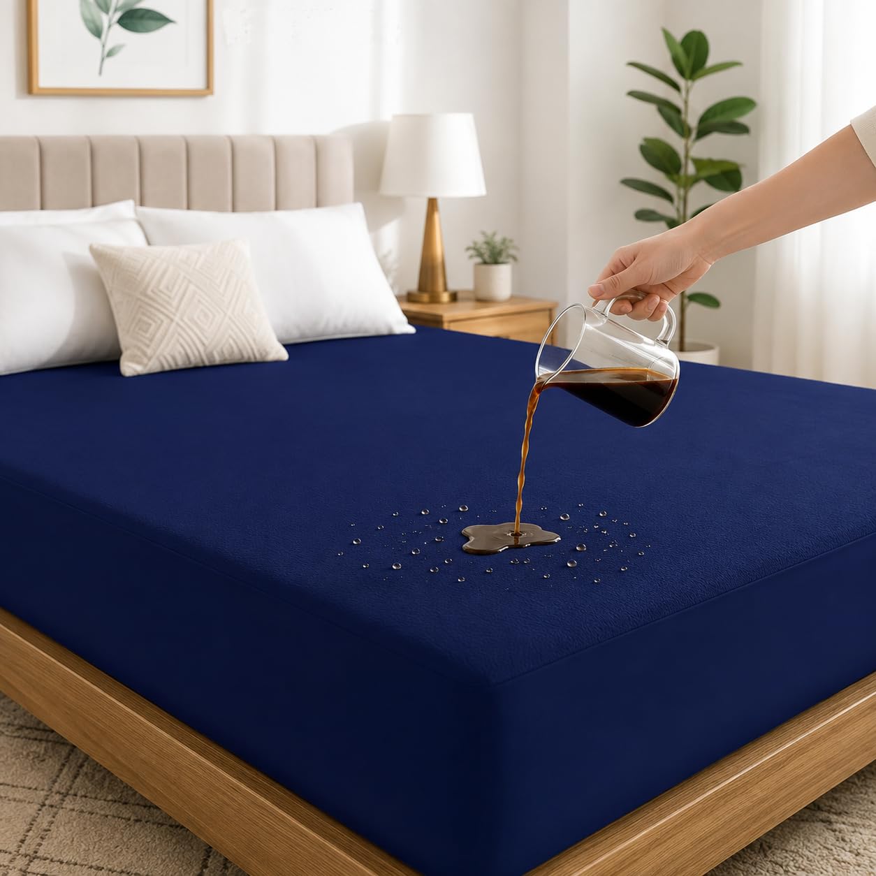 100% Waterproof Premium Mattress Protector for Double Bed | Cotton Feel Mattresses Cover | Elastic Fitted | Fits Upto 10 Inch | Bed Protector Cover (60 * 72 (Queen) Blue-)-image-49