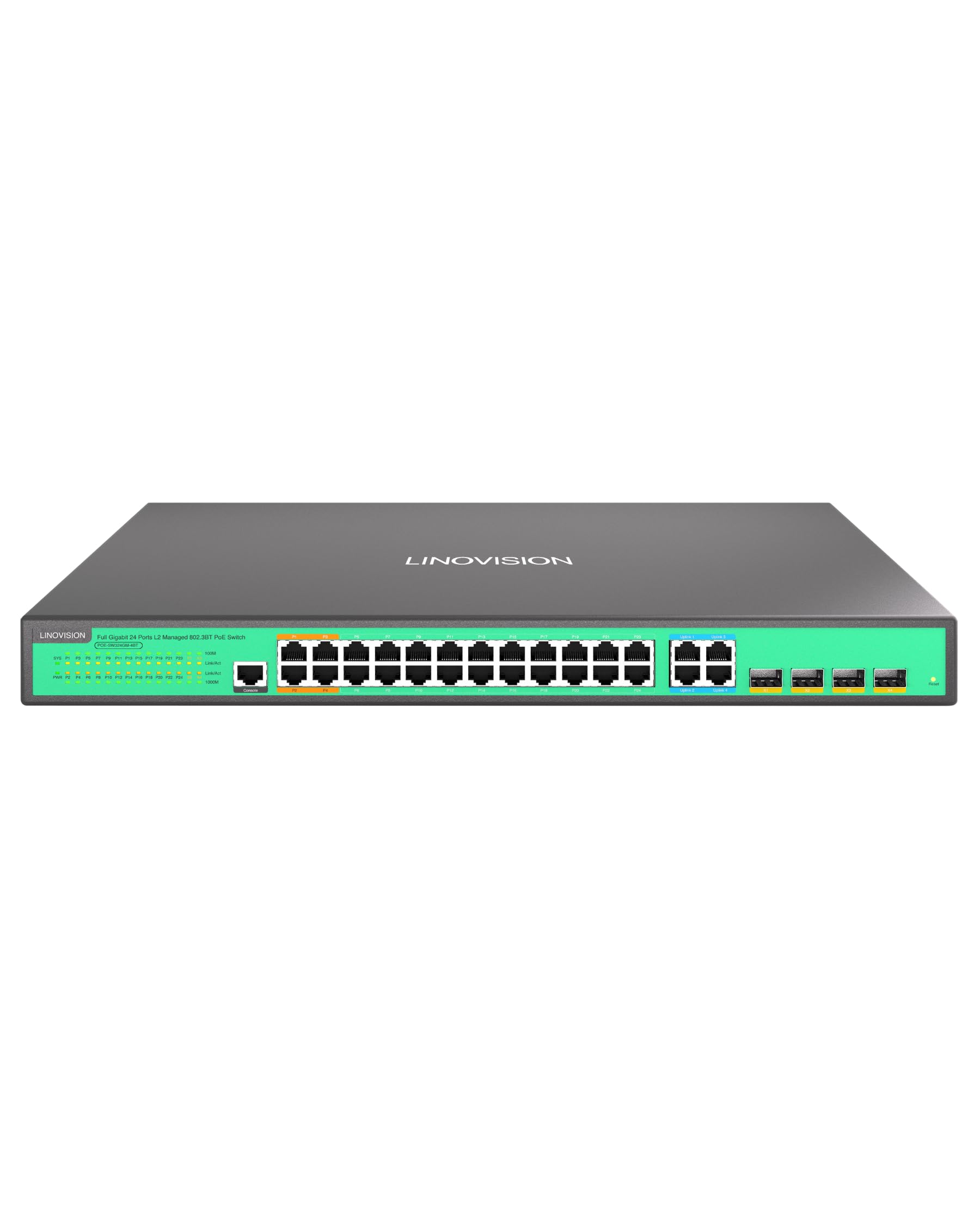 LINOVISION 24 Ports L2 Managed PoE++ Switch, Full Gigabit, integrierte 370W Stromversorgung mit 4*BT 90W und 20*AT 30W Ports, ausreichend für alle IEEE802.3af/at/bt Geräte, unterstützt QoS, VLAN, IGMP
