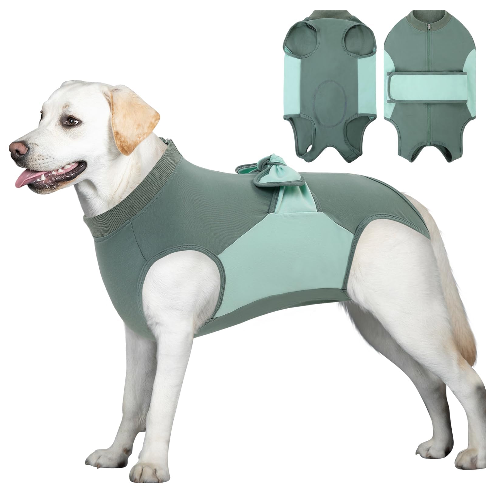 SAWMONG Recovery Suit for Dogs, Cotton Zipper Dog Surgery Suit Female Spay Pet Male Breathable, Neuter Dog Onesie Clothes Bodysuit Prevent Licking Wounds, Substitute E-Collar &amp; Cone(Green, 2X-Large)