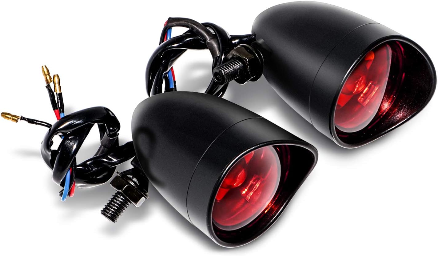 Senkauto Motocycle Large Bullet Turn Signals Ring Visor Light For Harley Dyna Softail Chopper Bobber Kawasaki Suzuki Honda Yamaha Custom (Black w/Red Lense, Red Light)