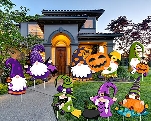 LUCKKYY 7PCS Halloween Gnome Yard Signs Stakes Outdoor Yard Lawn Yard Decorations Decor Halloween Party Supplies