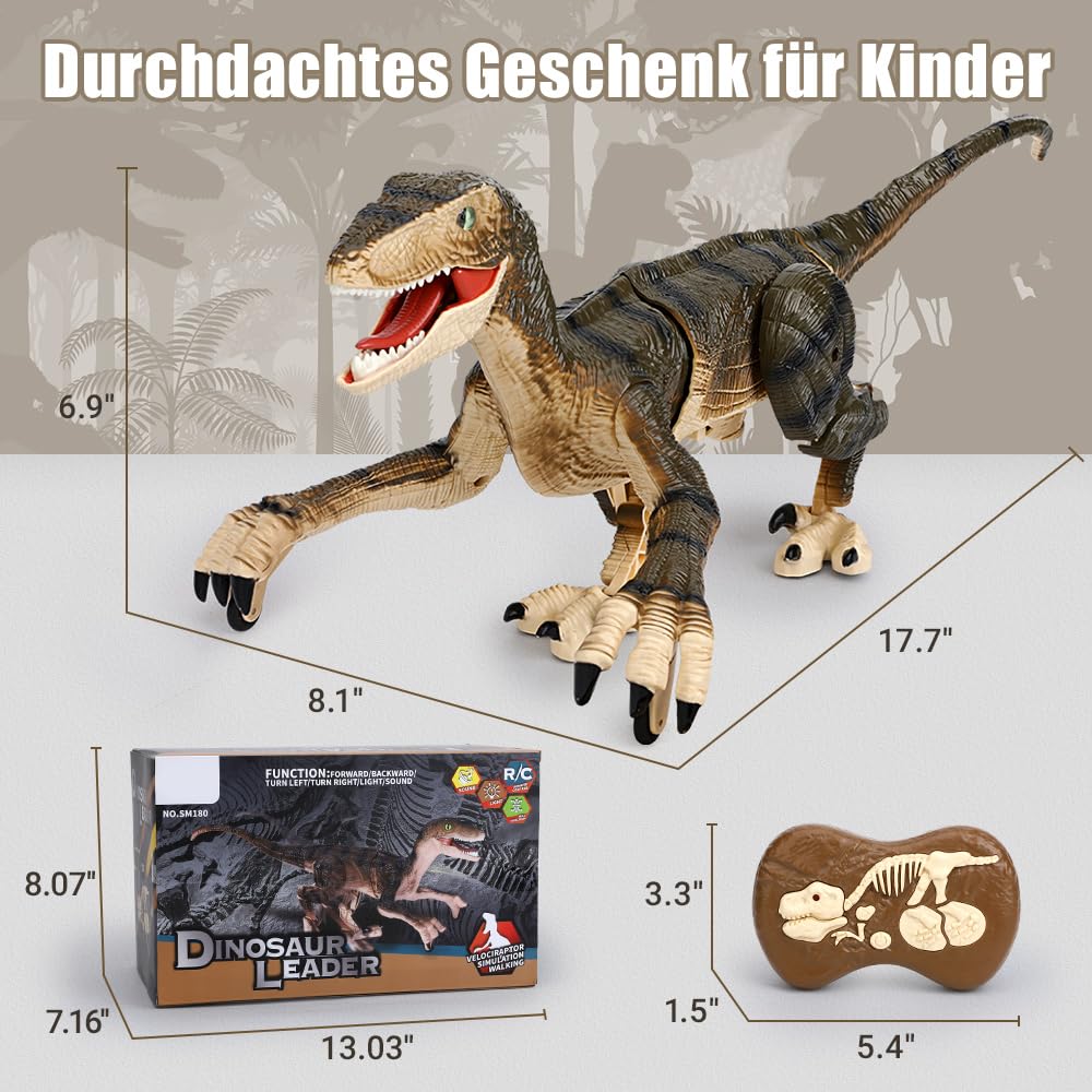 FRUSE Ferngesteuerter Dinosaurier Spielzeug, 2.4 GHz Realistische Velociraptor Roboter mit Gehen, Brüllen und LED-Licht,Dino Spielzeug für Jungen 3, 4, 5, 6,7,8,9 Jahre alte Kinder