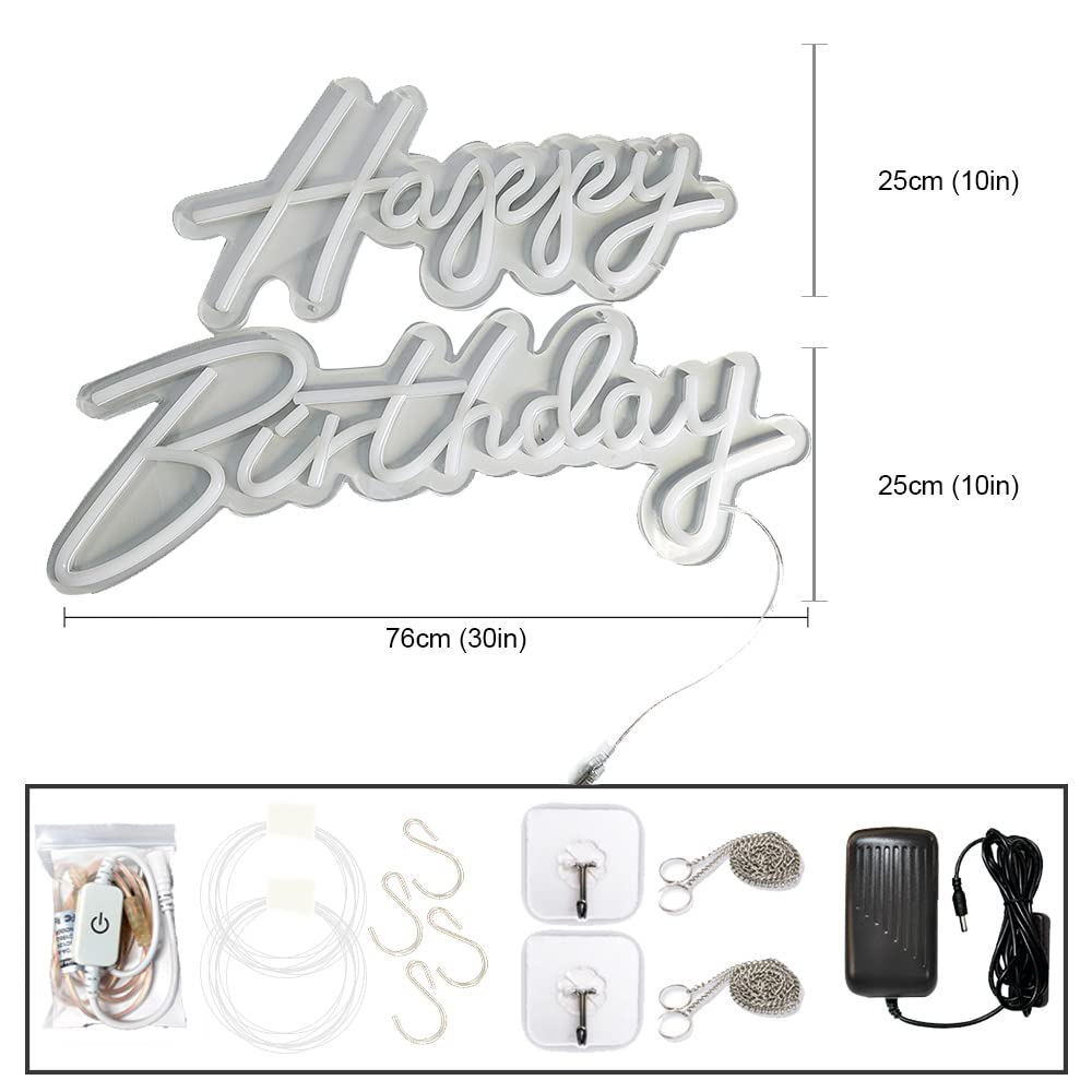 Cartello luminoso a neon bianco da 4 piedi "Happy Birthday", cartello luminoso a LED dimmerabile da appendere per la decorazione dello sfondo della festa di compleanno (Bianco, 76 cm "Happy Birthday")