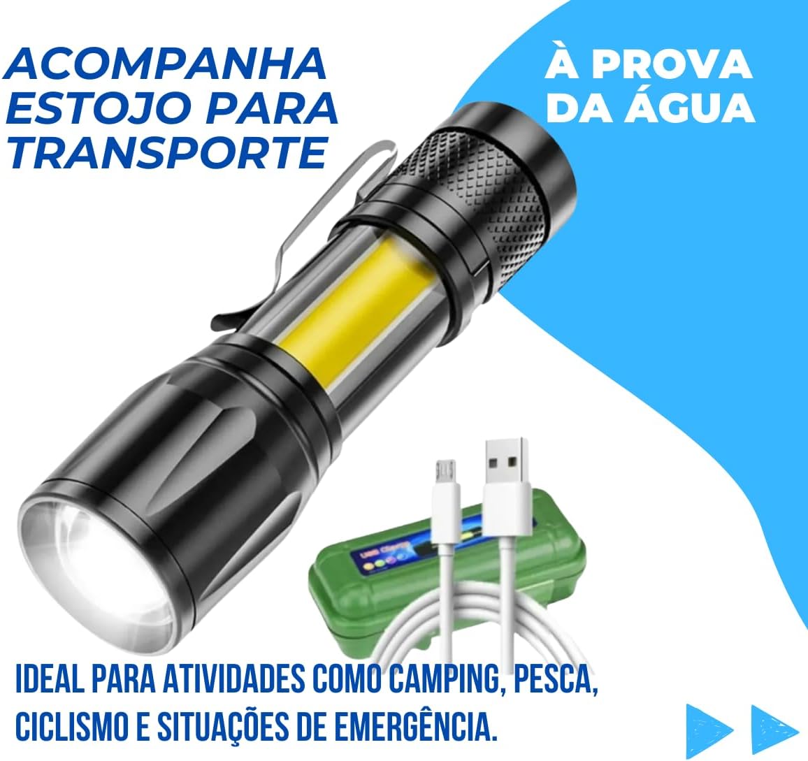 Mini Lanterna Led Recarregável Tática USB com Zoom à Prova da Água 3 Modos de Iuminação