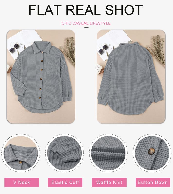 Image of Dokotoo Womens Waffle Knit Shacket Jacket Casual Button Down Shirts Tops | Long Sleeve,Loose Fit,Boyfriend Style,Collared V Neck,Fall Cardiga,Outwear with Pockets