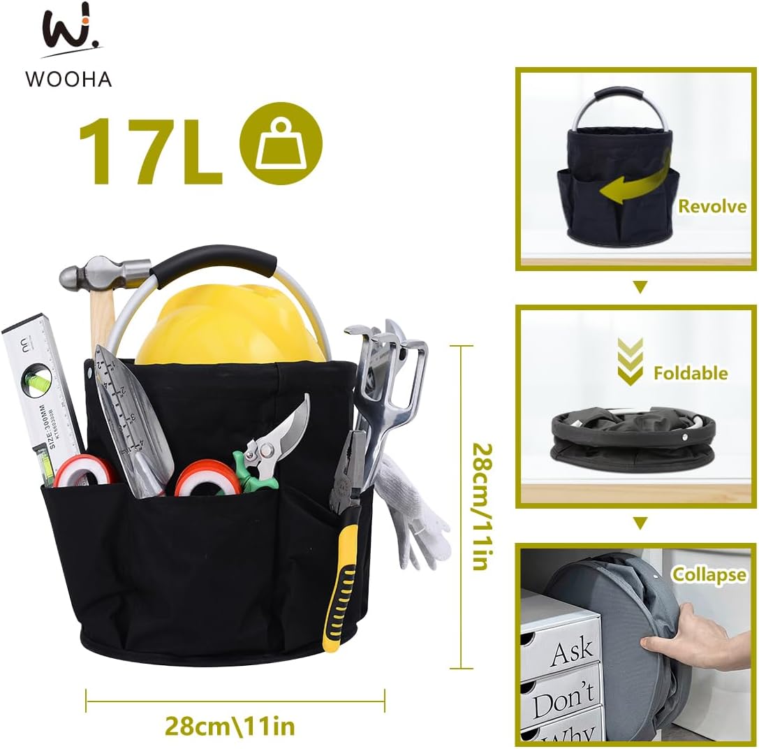 Wooha Tool Organizers Bag 34L Collapsible Tool Bag Laundry Organizer Outdoor Camping Garden Harvest Basket Home Bathroom Storage Bath Wash Bag（Black+Grey）