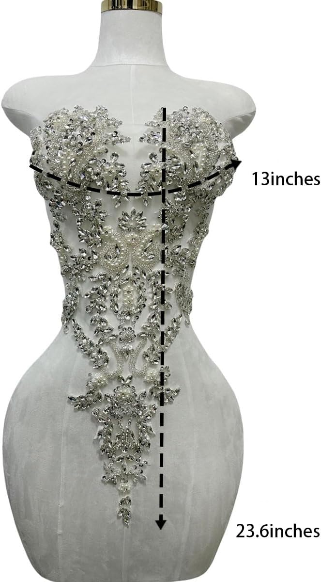 Handmade Rhinestones Lace Bodice Applique Sew on Beads Sequins Trimming Patches for Dress Clothing Accessories 1Pcs/Bag (Silver)
