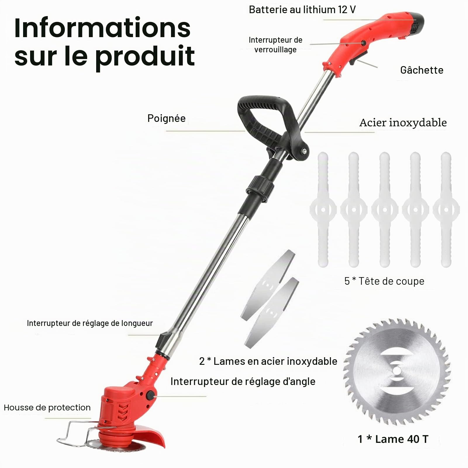 Désherbeur électrique sans Fil 12 V avec 2 Batteries et Chargeur, Manche télescopique avec Lames Rondes et métalliques, Coupe-Herbe électrique léger pour pelouse et Jardin (Rouge)