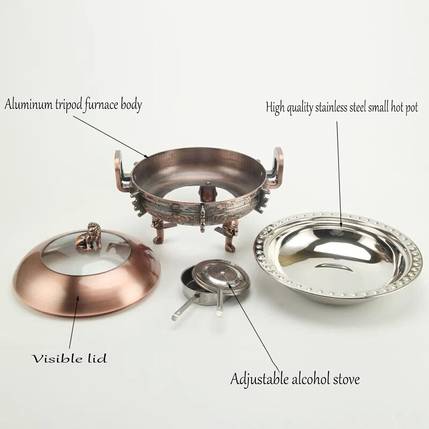 Scaldavivande rotondo professionale, set di scaldavivande in acciaio inox con vaschette per alimenti, supporto in alluminio, coperchio trasparente e supporti per il combustibile.
