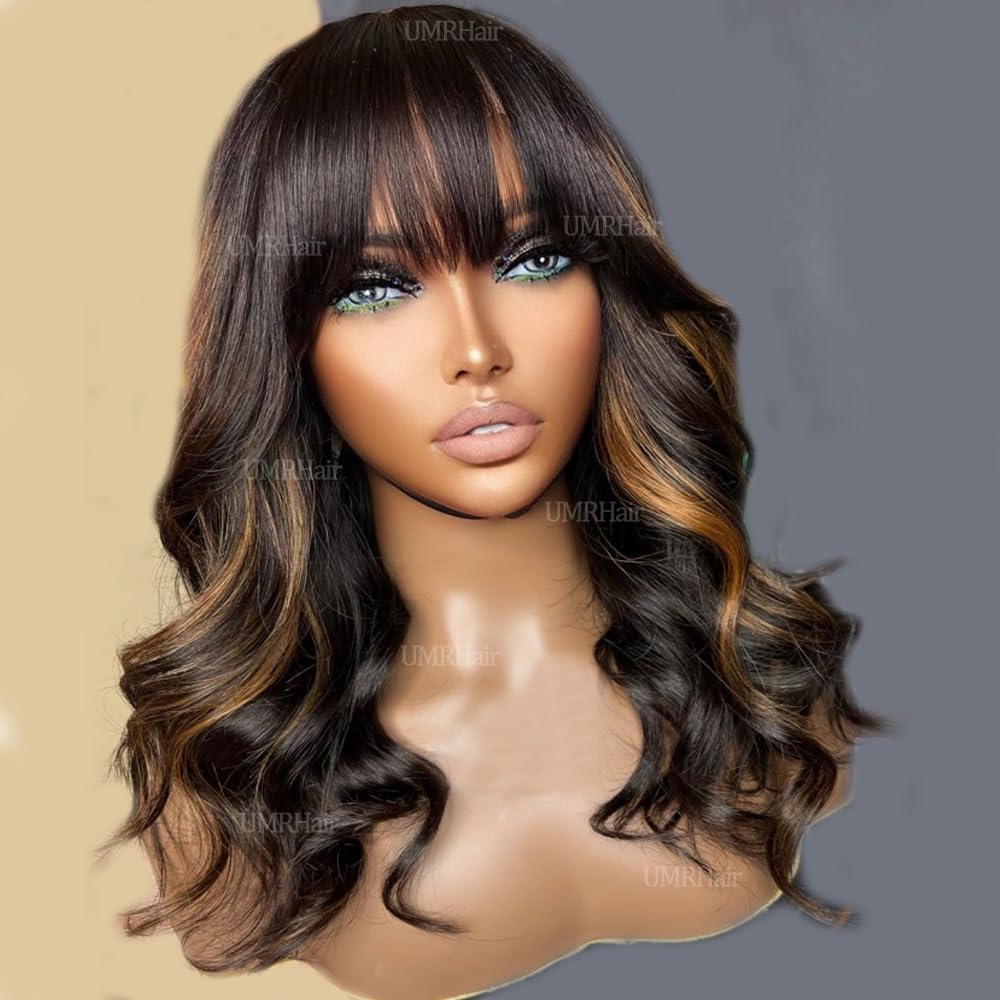 Highlights Loose Wave wigs with bangs Balayage Blonde Colored Human Hair Bang Wig with Natural Scalp Top Full Machine Made No lace Front Glueless Unprocessed Virgin Hair Wig (14inch, 180Density)
