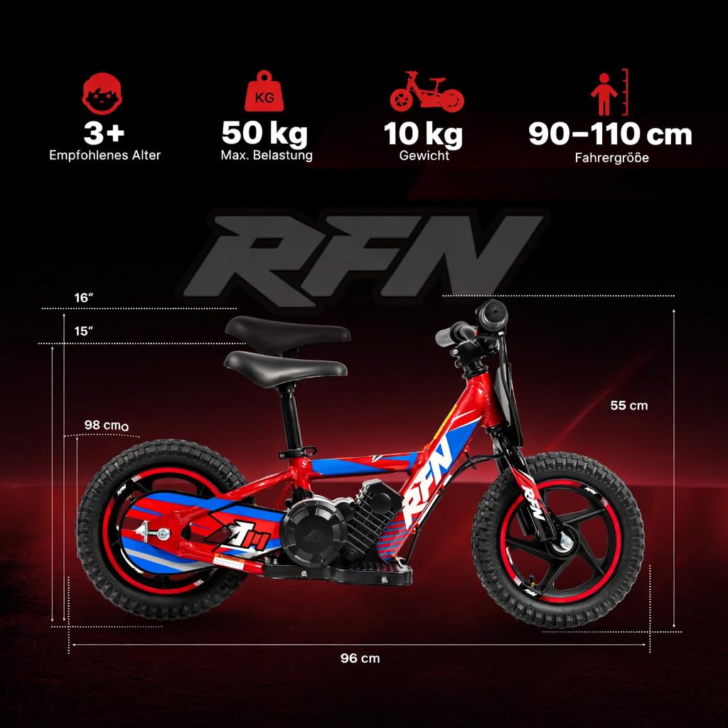RFN Elektrisches Dirtbike für Kinder, 170 W, elektrisches Laufrad mit 24 V 2,6 Ah Akku, 30,5 cm Off-Road-Reifen, Leichter Aluminiumrahmen, Elektromotorrad, Alter 4–8 Jahre
