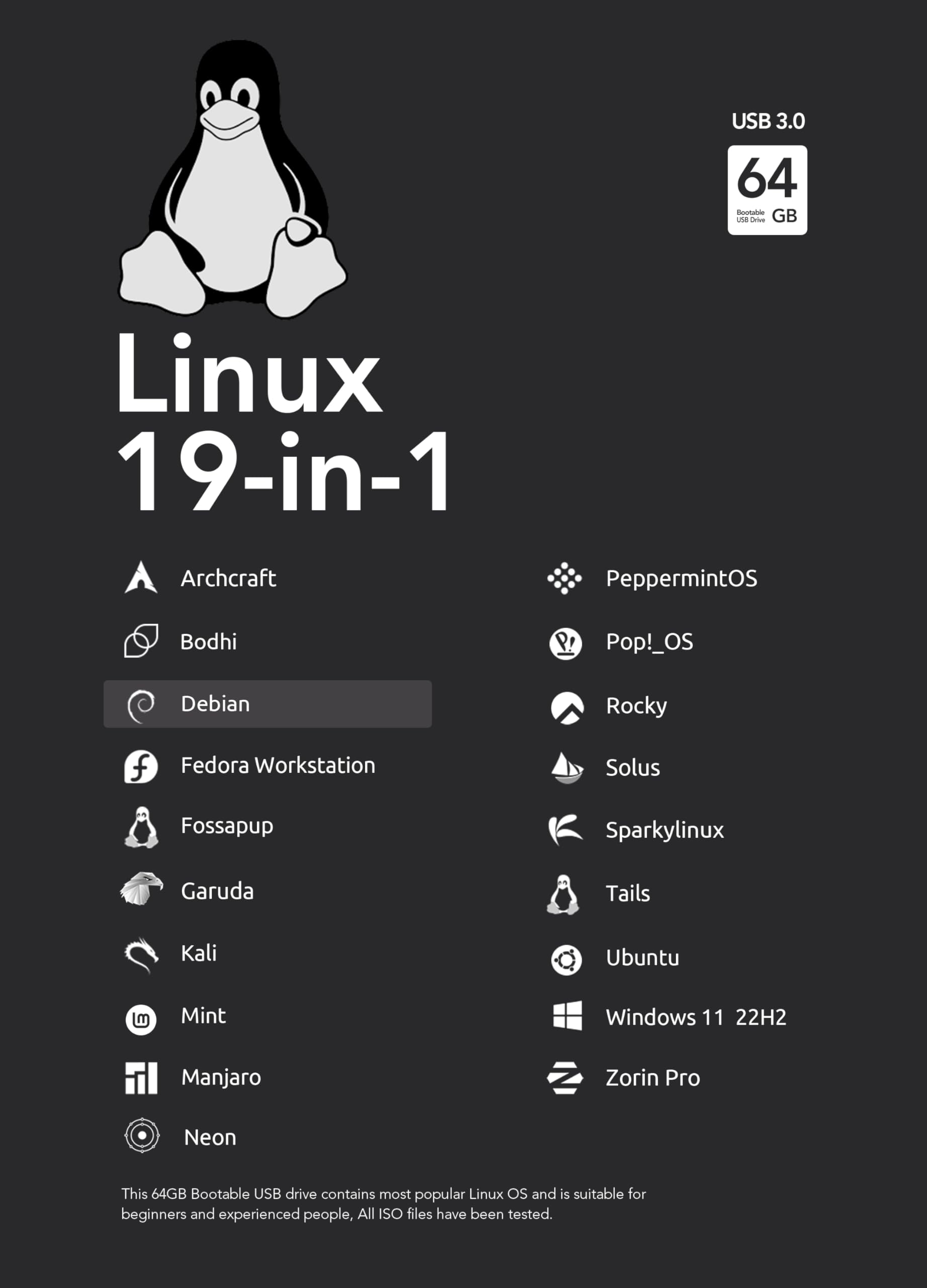 64GB - 19-in-1, Bootable USB Drive 3.2 for Linux & Windows 11, Zorin | Mint | Kali | Ubuntu | Tails | Debian, Supported UEFI and Legacy