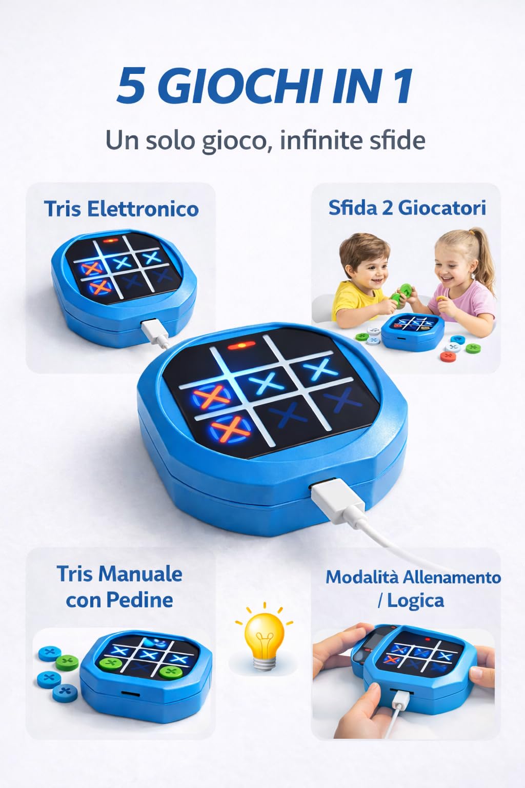 Gioco Elettronico Tris 5 in 1 per Bambini – Tic Tac Toe Interattivo Ricaricabile USB – Gioco Educativo da Tavolo per Famiglia e Viaggio (rosa)