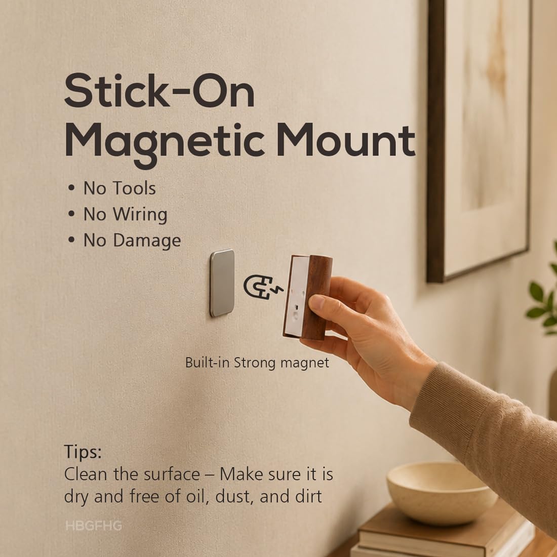 Aplique de pared LED con sensor de movimiento, luz nocturna de madera recargable, funciona con pilas, acabado Sapele, paquete de 2