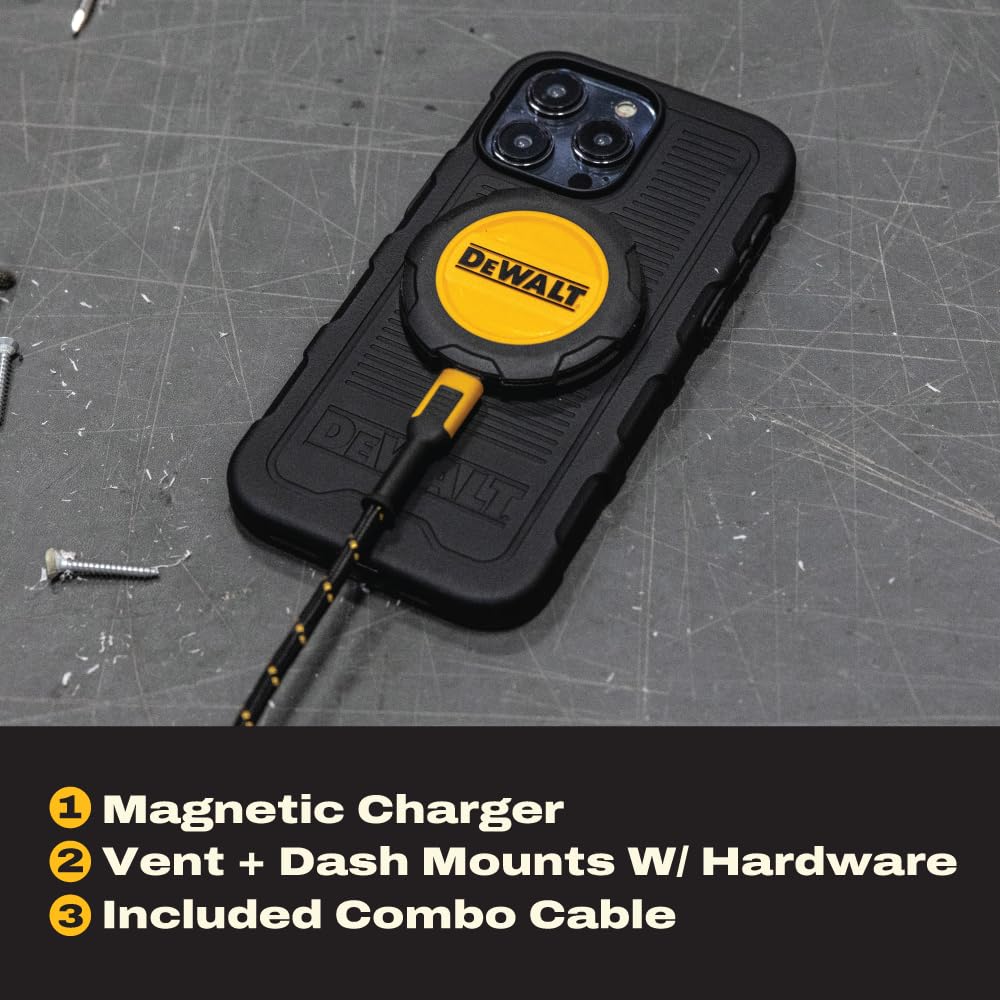 DEWALT Supporto magnetico per telefono per auto, caricabatterie wireless resistente, supporto per bocchetta di ventilazione, supporto per cruscotto, supporti per telefoni cellulari per la tua auto